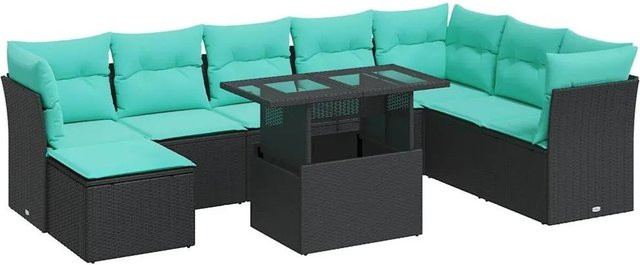 vidaXL 9-teilige Garten-Sofagarnitur in L-Form aus schwarzem Poly-Rattan mit UV-beständigen Kissen und pulverbeschichtetem Stahlgestell - Bild 1