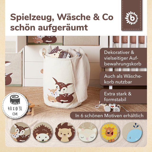 Bieco Wäschekorb und Spielzeugkorb mit Rehe-Motiv aus Baumwolle, faltbar, Beige/Braun/Weiß, B/T/H: 40,0 x 31,0 x 38,0 cm - Bild 1