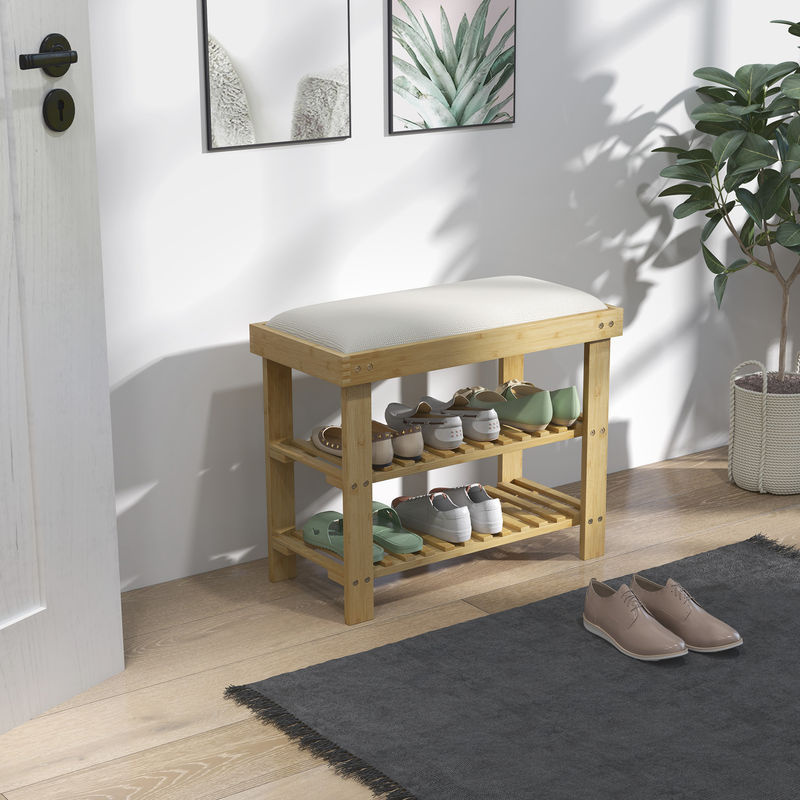 HOMCOM Schuhbank aus Bambus mit Sitzfläche und Schuhregal, Cremeweiß, B/T/H: 60 x 29 x 49 cm - Bild 2