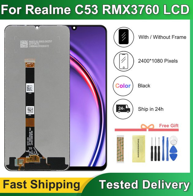 LCD Display Touchscreen mit Rahmen für Oppo Realme C53 RMX3760, 6.74 Zoll Display Baugruppe Ersatz, Schwarz - Bild 1