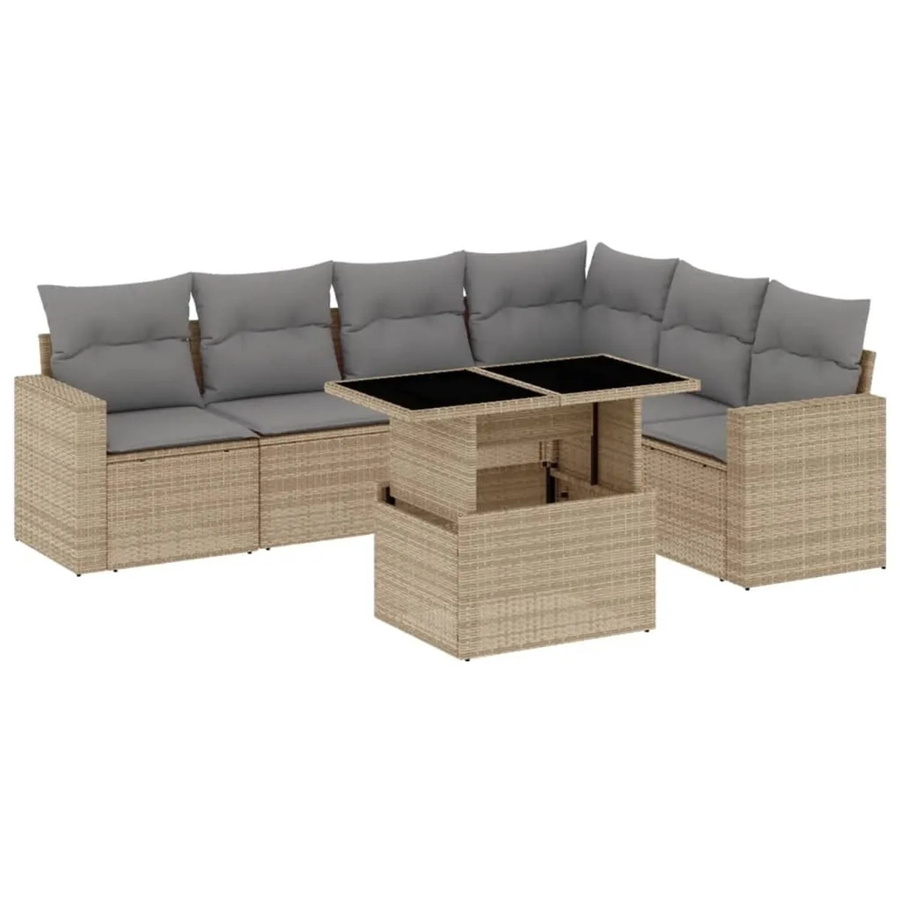 vidaXL 7-tlg Garten-Sofagarnitur in L-Form aus beigem Poly-Rattan mit wetterfesten Kissen und pulverbeschichtetem Stahlgestell - Bild 2