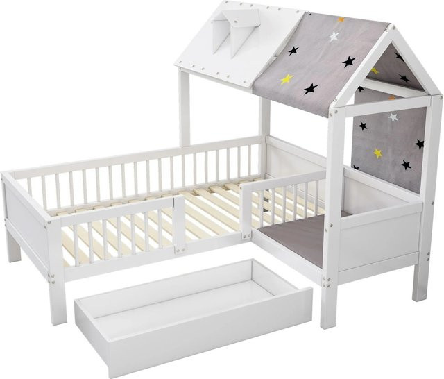 KOMHTOM Kinderbett aus Holz mit Zeltstoff und Schubladen, Weiß, B/T/H: 90 x 200 x 178 cm - Bild 1