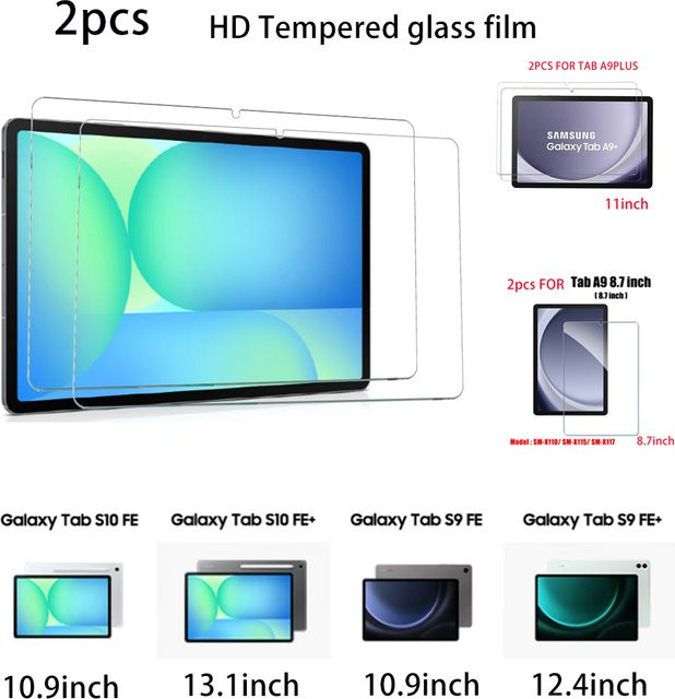 2er-Set gehärtetes Glas Display Schutzfolie für Samsung Galaxy Tab S9 FE, S10 FE, S9 FE Plus, S10 FE Plus und A9 Plus in Transparent - Bild 1