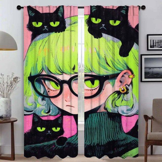 Moderne Fenstergardinen mit Motiv Mädchen und Katzen, 2er-Set halbtransparent, B: 50 cm, H: 70 cm - Bild 1