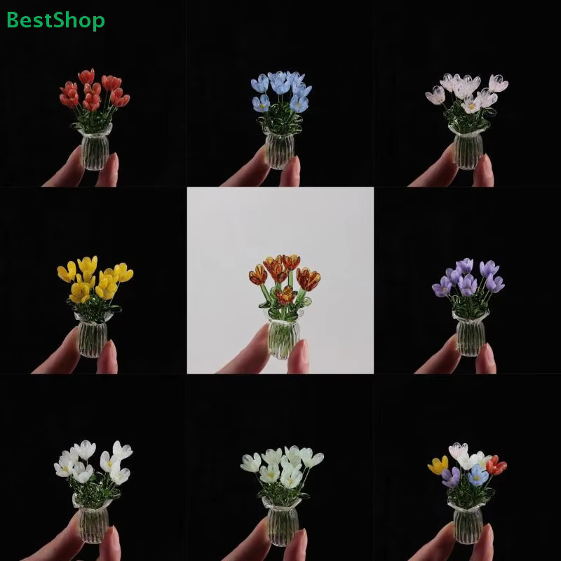 Liy Handgefertigte Mini Glasblumen Tulpen als Blumenskulptur mit Vase in Mehrfarbig für die Tischdekoration - Bild 3