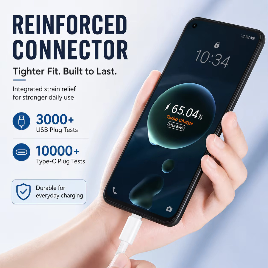 USB-C zu USB-C Schnellladekabel 88W 6A in Weiß für Handys, Laptops und Tablets mit Datensynchronisation - Bild 2
