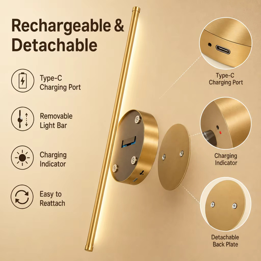 YQCHEZI Magnetische LED Wandleuchte in Gold/Messing, wiederaufladbare kabellose Leuchte für Wohnzimmer, Schlafzimmer und Flur - Bild 4
