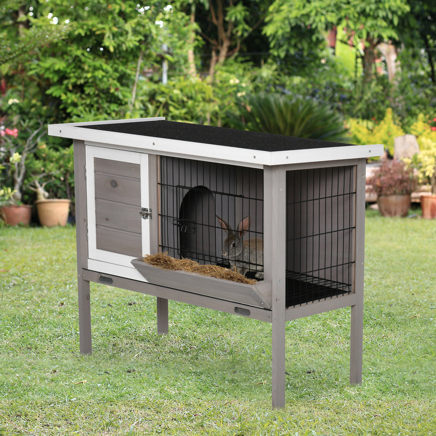 PawHut Hasenkäfig aus Holz für Kaninchen und kleine Tiere von Aosom, Außenkäfig mit Asphaltdach und Futternapf in Grau, B/T/H: 91 x 46 x 71 cm - Bild 2