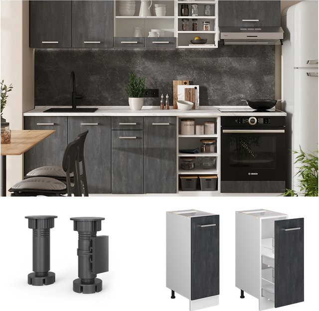 Vicco Apothekerunterschrank R-Line in Schwarz Beton mit weißer Marmor-Arbeitsplatte - Bild 1