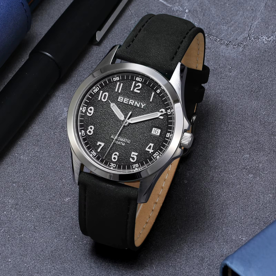 BERNY Armbanduhr Automatik, Edelstahl, Leder, Schwarz, Herren - Bild 3