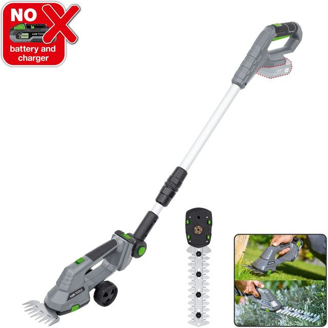 LUX-TOOLS Akku-Gras- und Strauchschere mit Teleskopstiel und 2 Rädern aus dem 1 PowerSystem inklusive 10 cm Grasscheren-Aufsatz und 20 cm Heckenscheren-Aufsatz - Bild 1