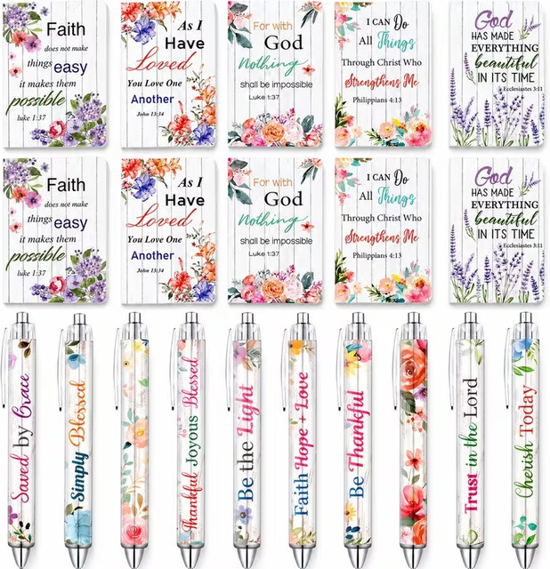 Christliches Geschenkset mit Bibelvers-Kugelschreiber und Mini-Notizbuch in Blumenmuster für Frauen, 20 oder 40-teilig, Mehrfarbig - Bild 1