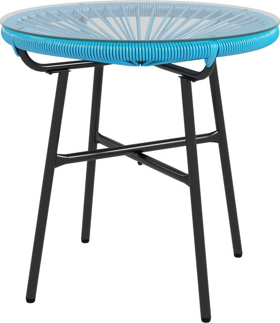 Outsunny Gartencouchtisch rund aus Rattan und Metall mit Glasplatte, Blau, Durchmesser: 50 cm - Bild 1