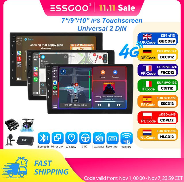ESSGOO Android 14 Autoradio mit 6+128 GB Speicher, 2 DIN QLED Touchscreen, kabelloses CarPlay, Android Auto, GPS, Bluetooth, WiFi und 4G LTE in Schwarz - Bild 1