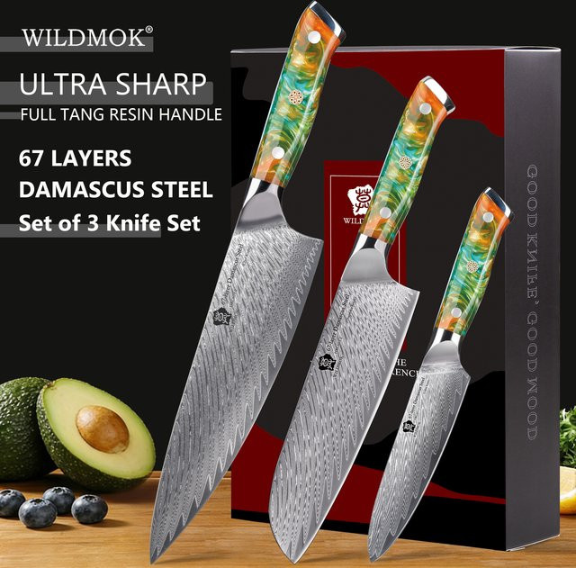WILDMOK 3-teiliges professionelles Kochmesser-Set aus VG10 Damaszener Stahl mit orangefarbenem Harzgriff und Vollmetallgriff in Multicolour - Bild 1