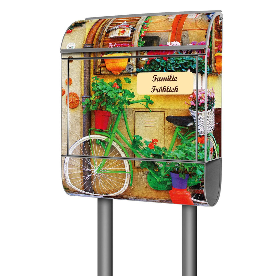 banjado Standbriefkasten groß mit Motiv Grünes Fahrrad, grau/mehrfarbig, inkl. Zeitungsfach, B/T/H: 38 x 16 x 161,5 cm - Bild 1