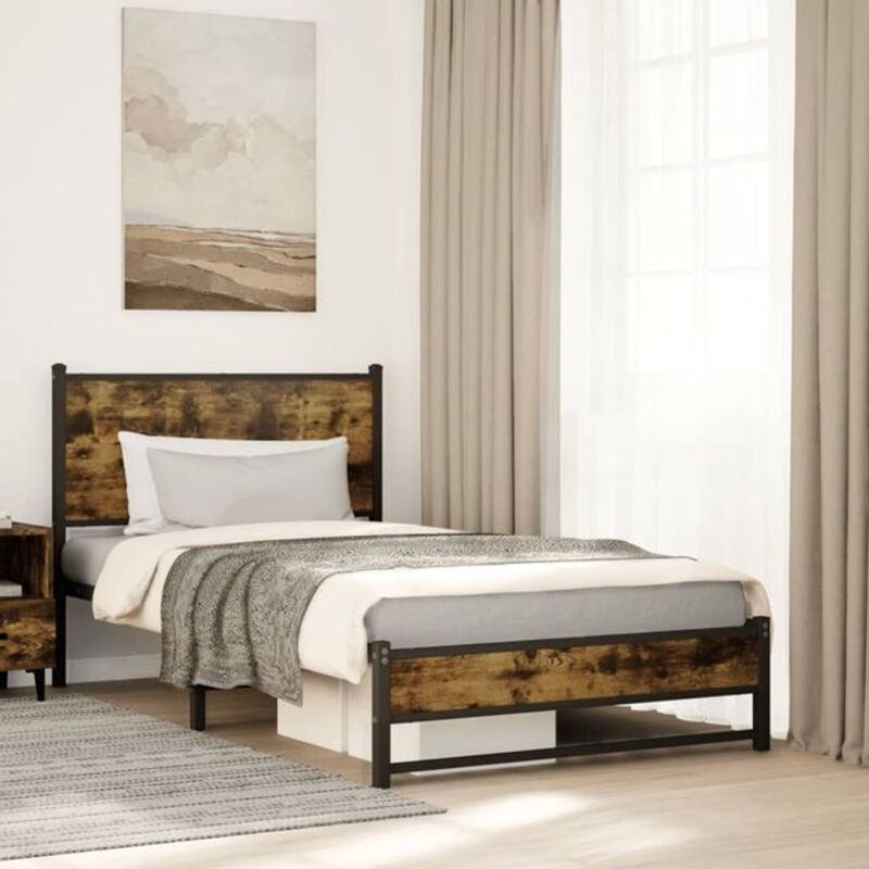Metallbett Vidaxl in Räuchereiche Optik, Braun, B/T/H: 100 x 190 x 91,5 cm - Bild 1