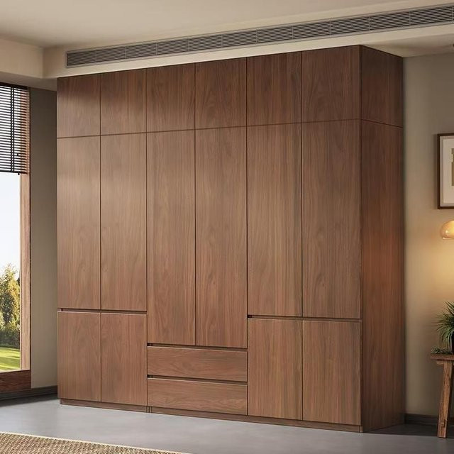 OAKCIA Massivholz-Kleiderschrank JT40W mit Doppeltüren und integrierten Schubladen, Braun, Matt - Bild 1