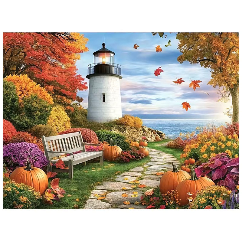 HUACAN Diamond Art Komplettset Leuchtturm-Landschaft im Herbst-Design, 5D Diamant-Mosaik-Gemälde mit runden Steinen in Multicolour, B/H: 30 x 20 cm - Bild 3