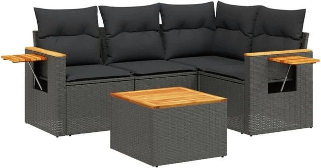 vidaXL 5-teilige Garten-Sofagarnitur aus Poly-Rattan und Akazienholz in Schwarz mit Kissen - Bild 1