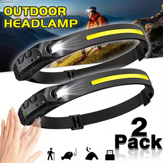 Wiederaufladbare LED-COB-Stirnlampe mit USB-Ladefunktion und Sensor, Schwarz - Bild 1