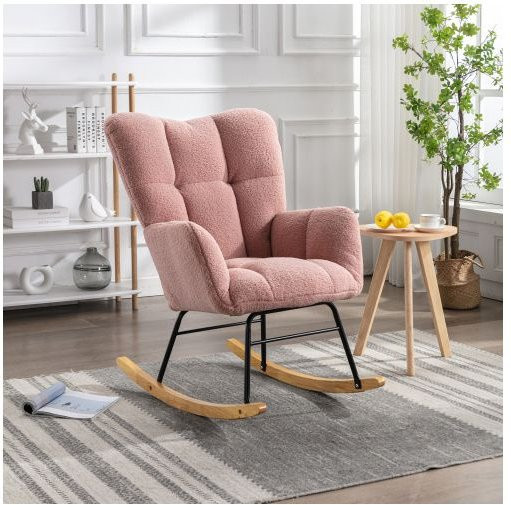 MUVOE Schaukelstuhl im Mid-Century-Design mit gestepptem Plüschstoff und Armlehnen in Rosa - Bild 1