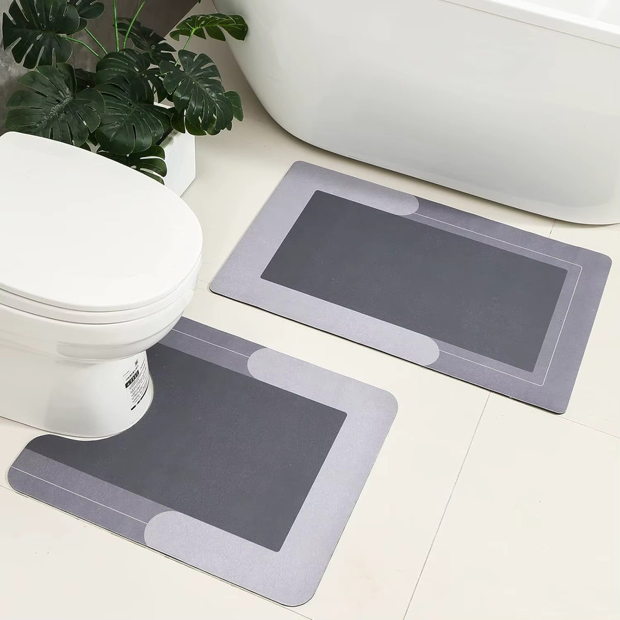 VIKAMA 3-teiliges Bodenmatten-Set für das Badezimmer in Grau mit U-Form für die Toilette und saugfähigen Trockenfußmatten im minimalistischen Stil - Bild 2