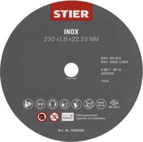 STIER Trennscheibe für Edelstahl und Inox, Farbe Grau, Durchmesser: 230 mm, Dicke: 1,9 mm, Bohrung: 22,23 mm, Form gerade - Bild 1