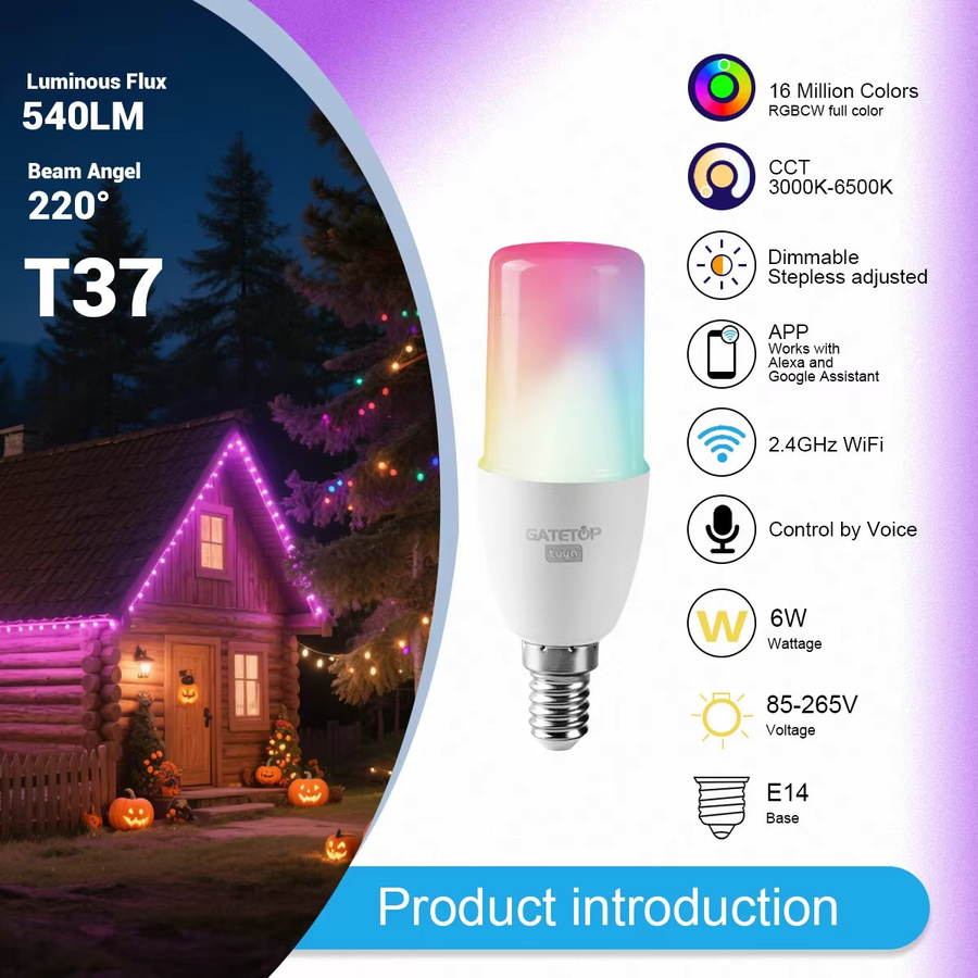 Tuya T37 Smart RGBW LED Kerzenlampe E14 mit 6W WiFi Steuerung für Alexa und Google Assistant, Multicolour - Bild 2