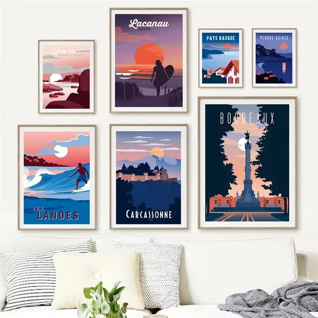 Potdemiel Minimalistischer Wandkunstdruck Leinwandgemälde Marseille Frankreich Stadtlandschaft Alpen Berge Mehrfarbig - Bild 1