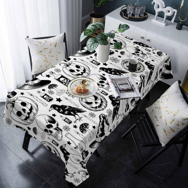 Wasserdichte Halloween Tischdecke von JMG Household Supplies mit Kürbis, Spinnennetz und Totenkopf, Farbe: Weiß, B/T: 140 x 90 cm - Bild 1