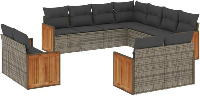 vidaXL 11-tlg. Garten-Sofagarnitur in L-Form aus Polyrattan und Akazienholz in Grau mit Kissen und Stauraum - Bild 1