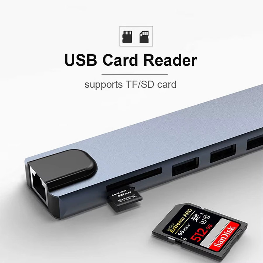 8-in-1 USB-C Hub Multi-Terminal-Adapter in Grau mit 4K HDMI, USB 3.0, USB 2.0 sowie SD/TF-Kartenleser für MacBook, Pro und iPad Pro - Bild 4