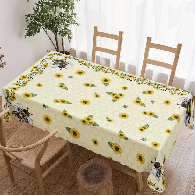 Rechteckige Tischdecke von JINGYUE Pet mit Sonnenblumen und Bienen Motiv, wasserabweisend und waschbar, Farbe: Gelb, B/T: 100 x 160 cm - Bild 1