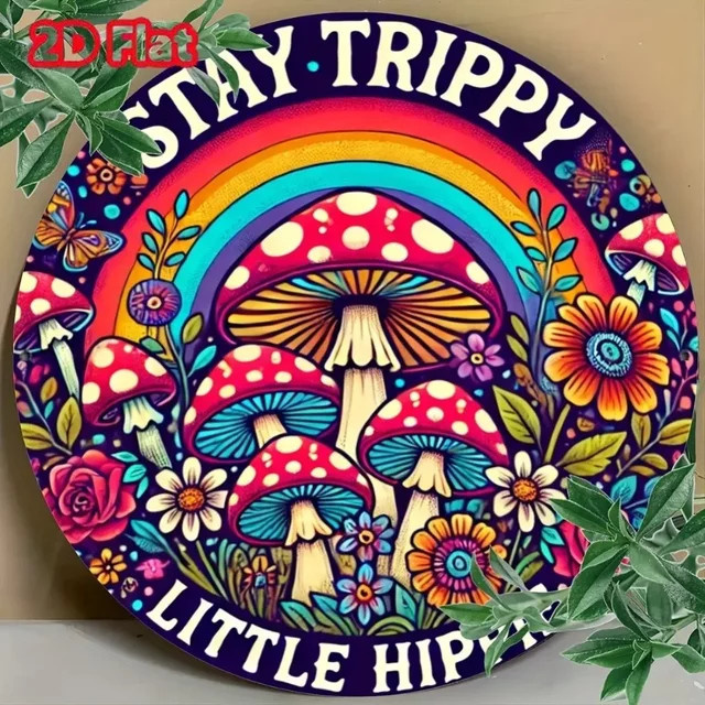 Rundes Vintage Wandkunstschild aus Metall von Potdemiel mit psychedelischem Hippie-Pilz-Graffiti-Design in Multicolor, Durchmesser: 20 cm - Bild 1