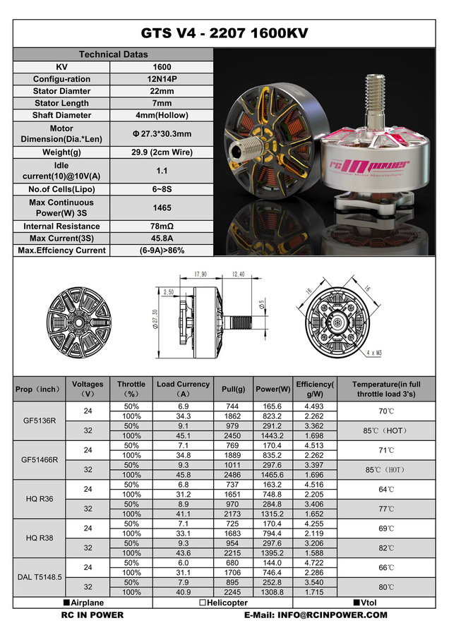 Rcin Power GTS V4 2207 1600KV 8S FPV Bürstenloser Motor in Schwarz für 5-Zoll-Propeller RC FPV Racing Freestyle Drohnen - Bild 2