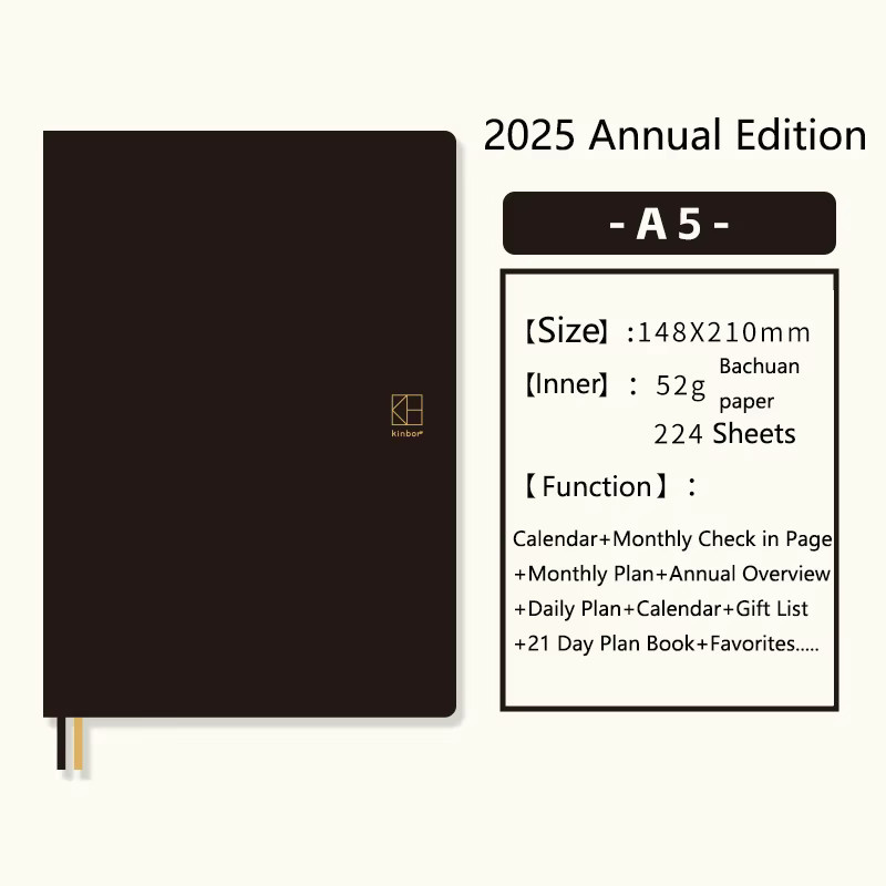 Kinbor Notizbuch 2025 Agenda mit täglichem und wöchentlichem Zeitplan, Hardcover, Schwarz, Raster-Innenseite - Bild 3
