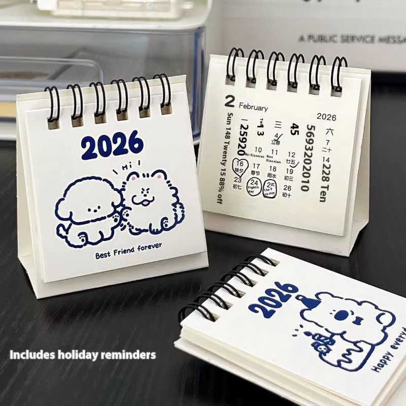 Mini-Kalender 2026 mit Ständer, niedlicher Cartoon-Tagesplaner für Büro und Zuhause, Weiß - Bild 4