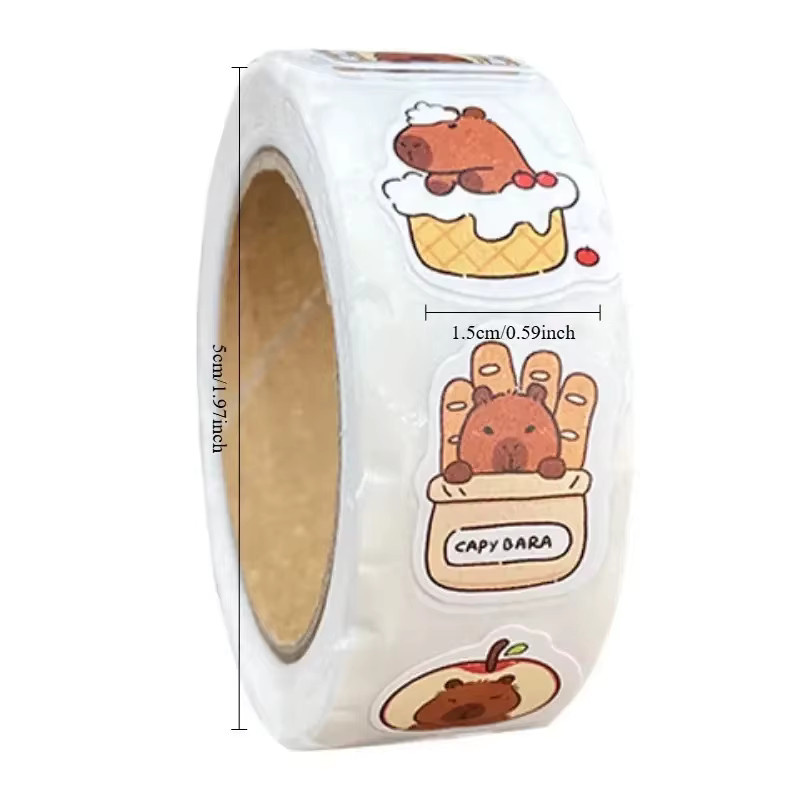 Bandai Capybara Aufkleber-Rolle mit 500 Stück, wasserfeste PVC-Selbstklebeaufkleber in Multicolor mit niedlichen Tier- und Lebensmittel-Motiven für Laptops, Scrapbooks und Handys - Bild 2