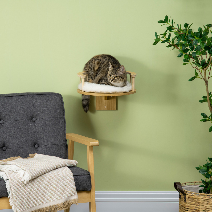 PawHut Katzenbett für die Wandmontage aus Eiche und Plüsch in Cremeweiß, Durchmesser: 34 cm, Höhe: 10,5 cm - Bild 2