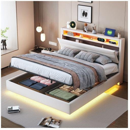 MUVOE Gepolstertes Bett mit Stauraum und USB-Ladeanschluss, Beige, Leinenstoff, B/T: 140 x 200 cm