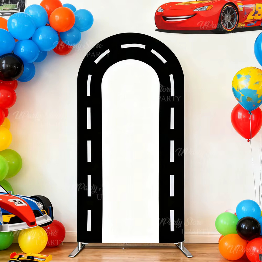 Rennwagen Party Hintergrunddekoration aus Spandex mit kariertem Rennstrecken-Design in Schwarz und Weiß für deinen Geburtstag - Bild 3