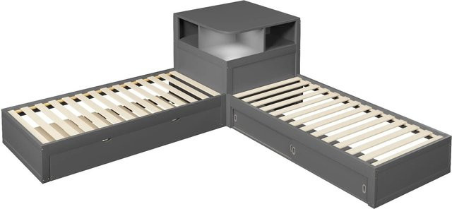 Merax Plattformbett in L-Form mit Ausziehbett und Unterbettbeleuchtung, Farbe Grau, B/T/H: 291,5 x 94 x 66 cm - Bild 1