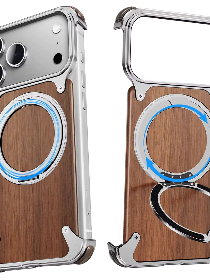 Oatsbasf Massivholz-Handyhülle für iPhone 17 16 Pro/Pro Max mit 360 Grad rotierendem Ringständer und magnetischem Schutz in Schwarz oder Braun - Bild 6