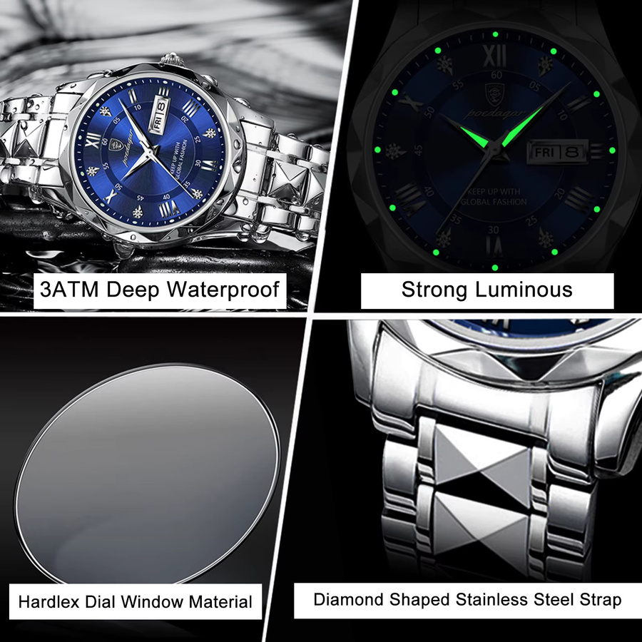 POEDAGAR Armbanduhr Quarz, Edelstahl, Blau, Herren - Bild 5