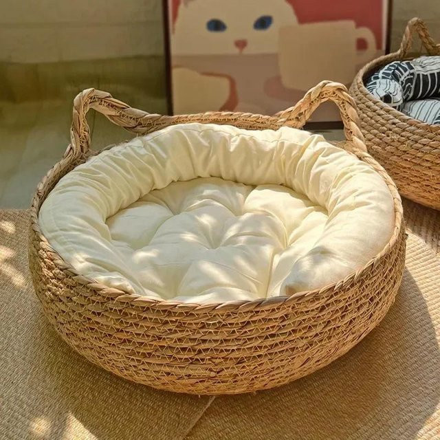 Yiran Furniture Katzennest aus handgewebtem Rebenmaterial mit abnehmbarem Bezug aus 100% Baumwolle, rund, Durchmesser: 38 cm, Höhe: 13 cm - Bild 1