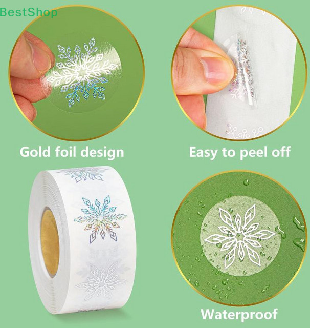 500 Goldfolien-Schneeflocken-Aufkleberrollen in Gold und Transparent mit holografischem Effekt, runde selbstklebende Weihnachts- und Winteretiketten für Umschläge - Bild 1
