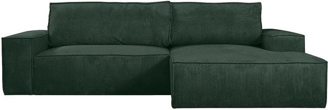 Vente-unique Schlafsofa Amelia in Tannengrün mit Cord-Bezug und L-Form, Breite: 267 cm - Bild 1