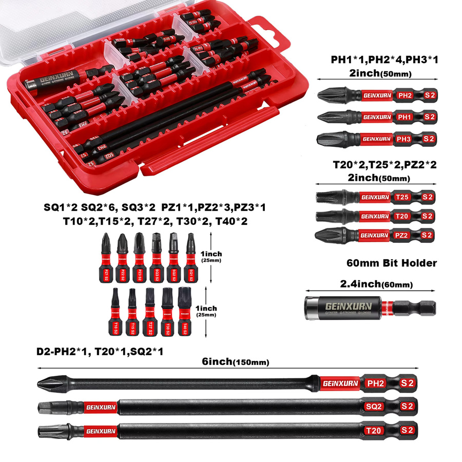 Geinxurn 41-teiliges Schlagschrauber-Bit-Set aus S2-Stahl mit Aufbewahrungsbox und magnetischen Bits für PH, TORX, SQ und PZ - Bild 2
