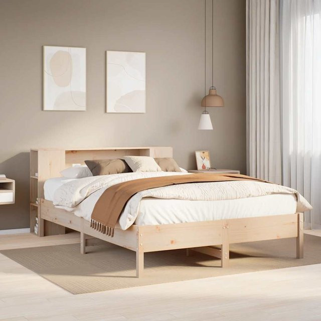 vidaXL Massivholzbett aus Kiefernholz mit Regal und Seitenfächern, Braun, B/T/H: 135 x 190 cm - Bild 2